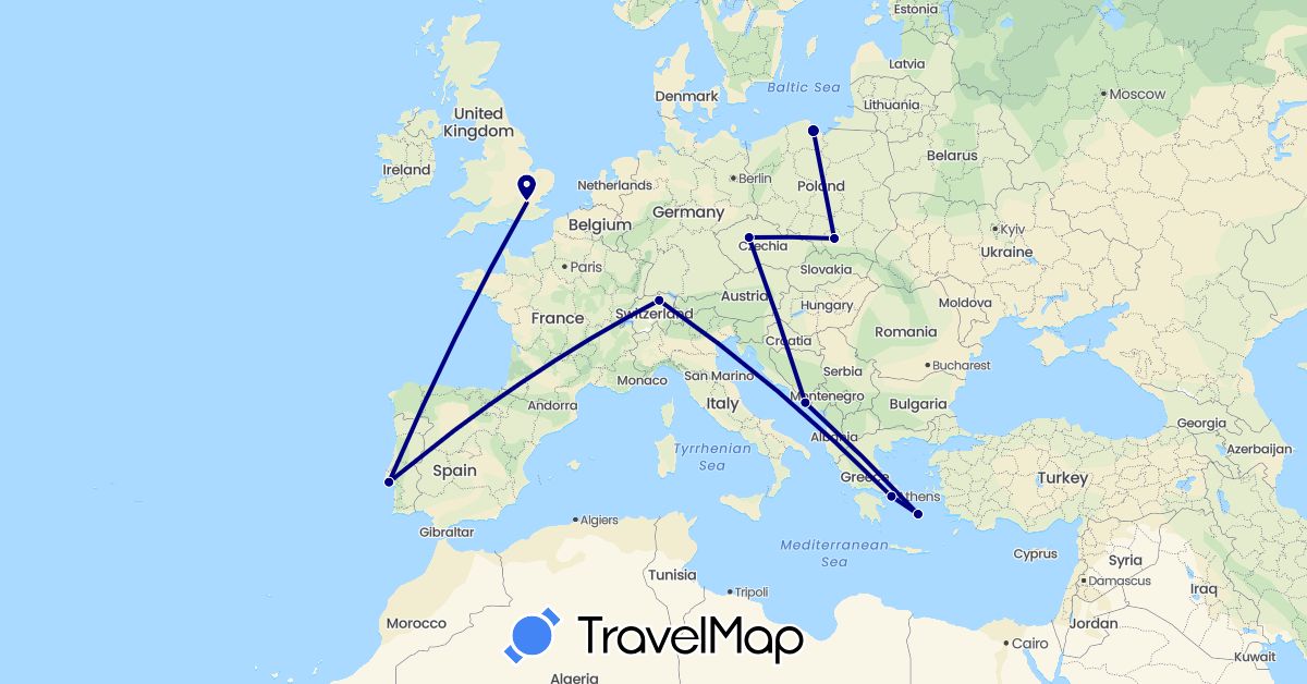 TravelMap itinerary: driving in Switzerland, Czech Republic, United Kingdom, Greece, Croatia, Poland, Portugal (Europe)