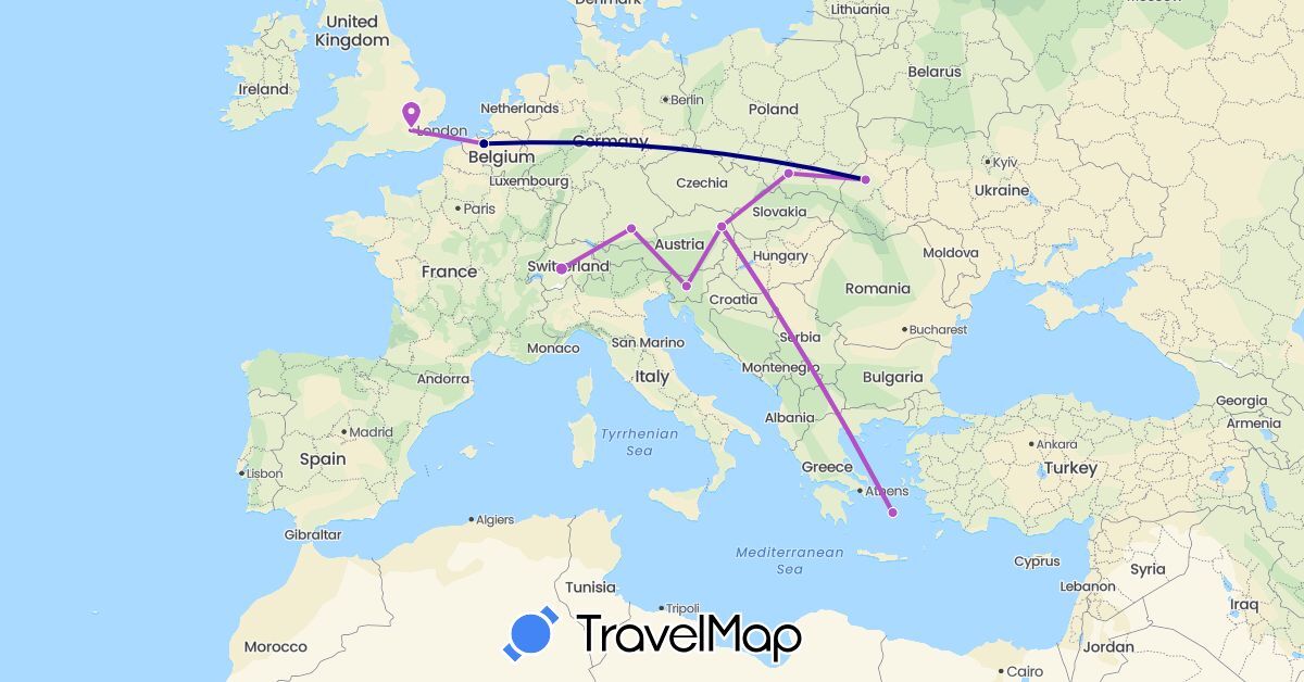 TravelMap itinerary: driving, train in Austria, Belgium, Switzerland, Germany, United Kingdom, Greece, Poland, Slovenia, Ukraine (Europe)